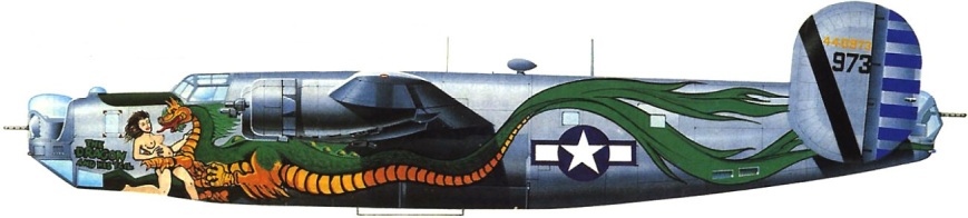 Quizá uno de los aviones más espectacularmente iluminados de la Segunda Guerra Mundial fuera este B-24J, n/s 44-40973, bautizado como "The Dragon and His Tail" basado en Okinawa en 1945.